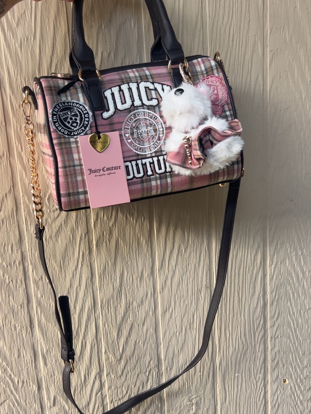 Juicy Couture Pink Plaid Crossbody Satchel with Plush Charm
